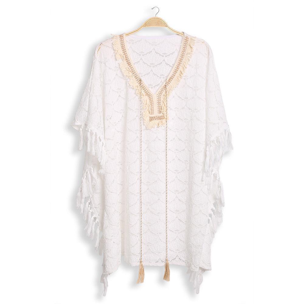 White Braided Tie-Knot V Neck Lace Cover Up Dress - Jewelry Store by Erik Rayo
