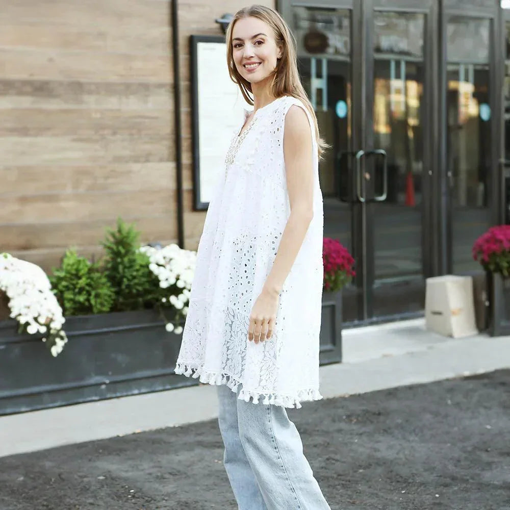 White Sleeveless Tie-Knot Lace Cover Up Dress - Jewelry Store by Erik Rayo