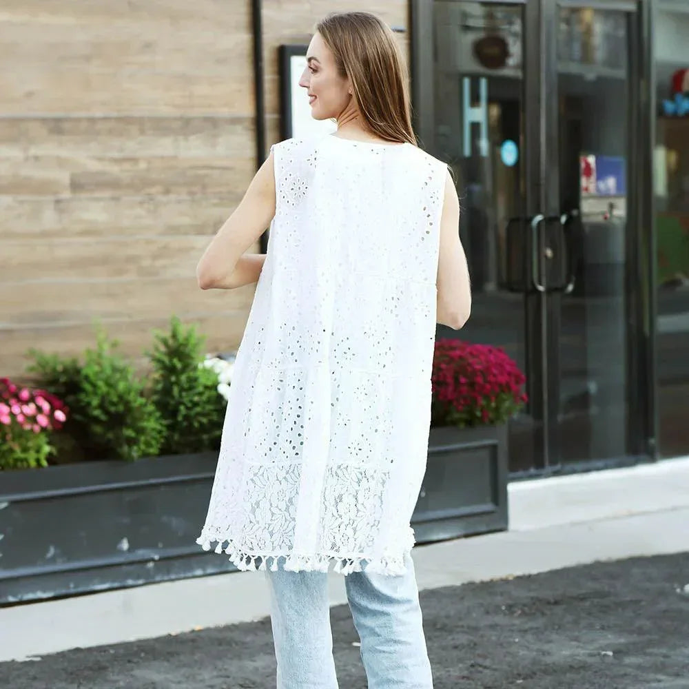 White Sleeveless Tie-Knot Lace Cover Up Dress - Jewelry Store by Erik Rayo