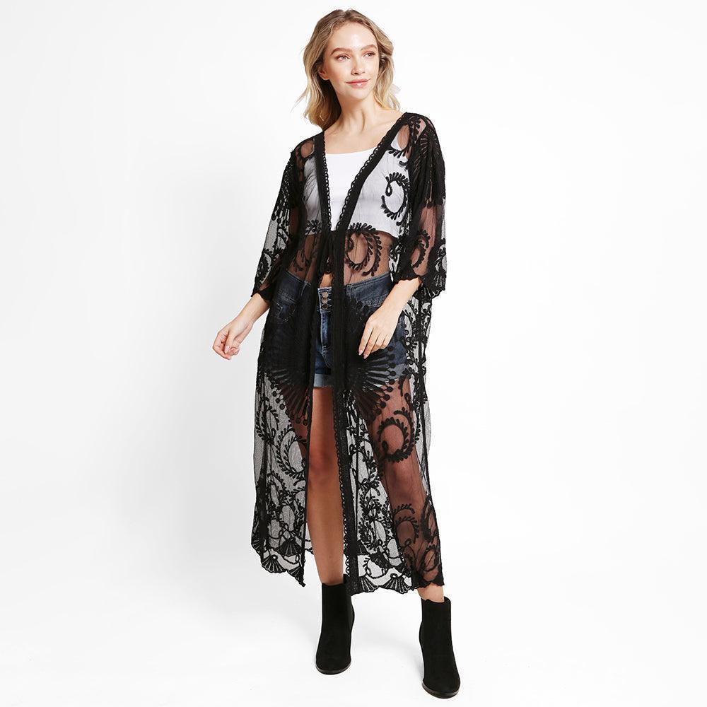 Black Tie-Knot Lace Cover Up Kimono Poncho - Jewelry Store by Erik Rayo