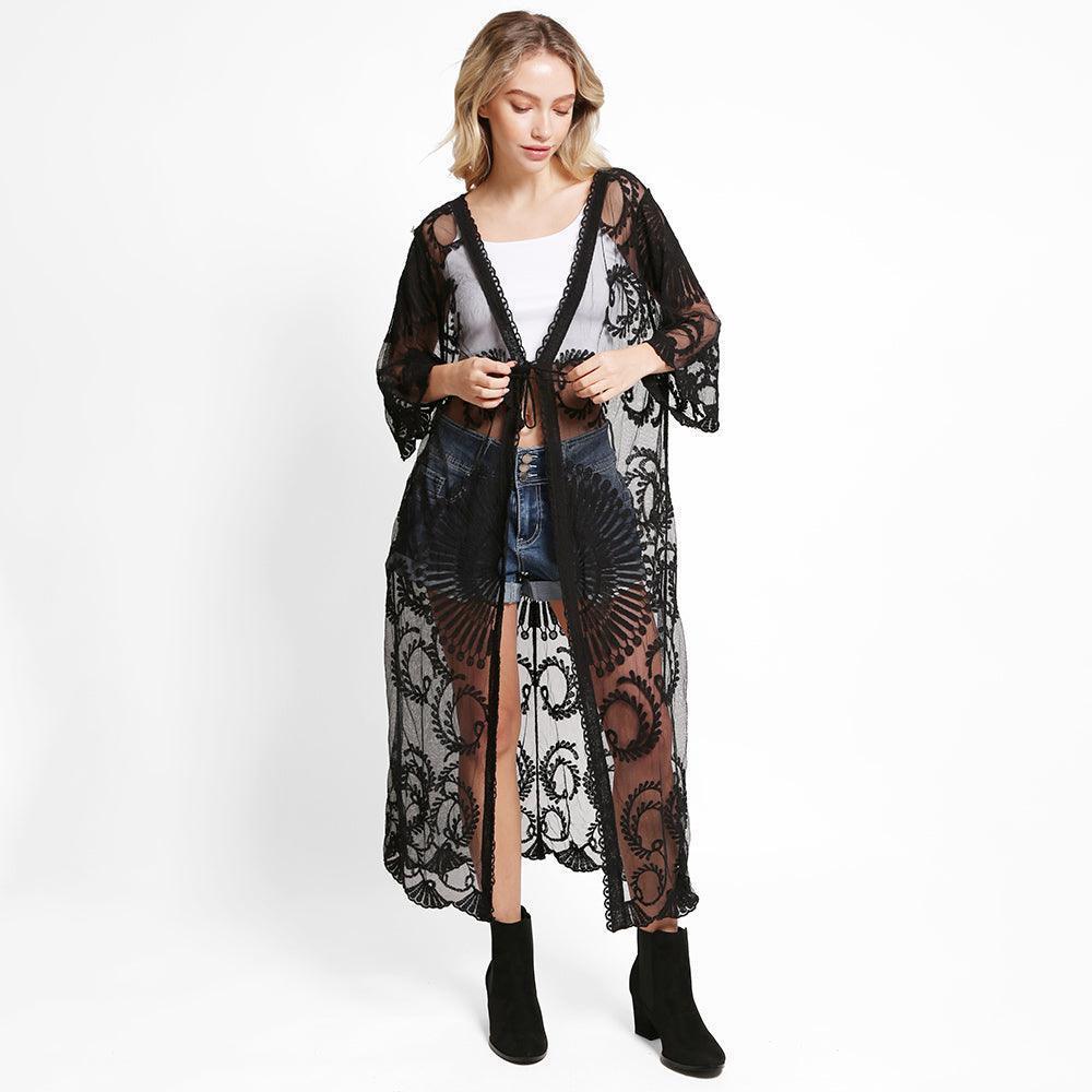 Black Tie-Knot Lace Cover Up Kimono Poncho - Jewelry Store by Erik Rayo