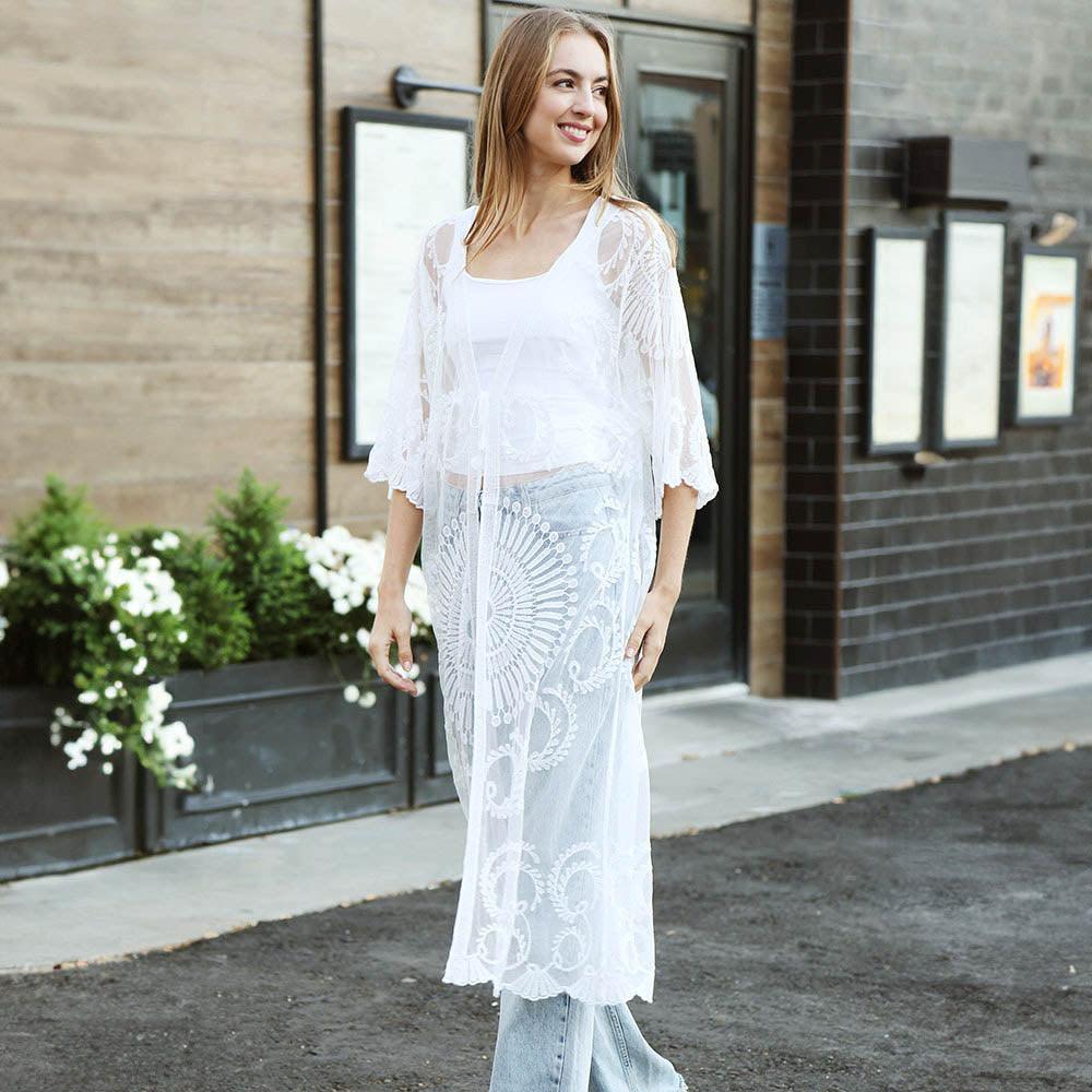 White Tie-Knot Lace Cover Up Kimono Poncho - Jewelry Store by Erik Rayo