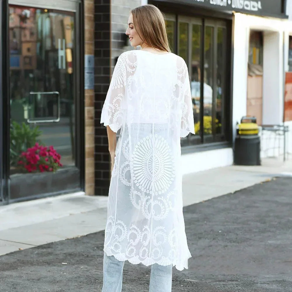 White Tie-Knot Lace Cover Up Kimono Poncho - Jewelry Store by Erik Rayo