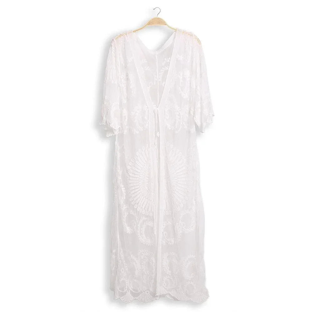 White Tie-Knot Lace Cover Up Kimono Poncho - Jewelry Store by Erik Rayo