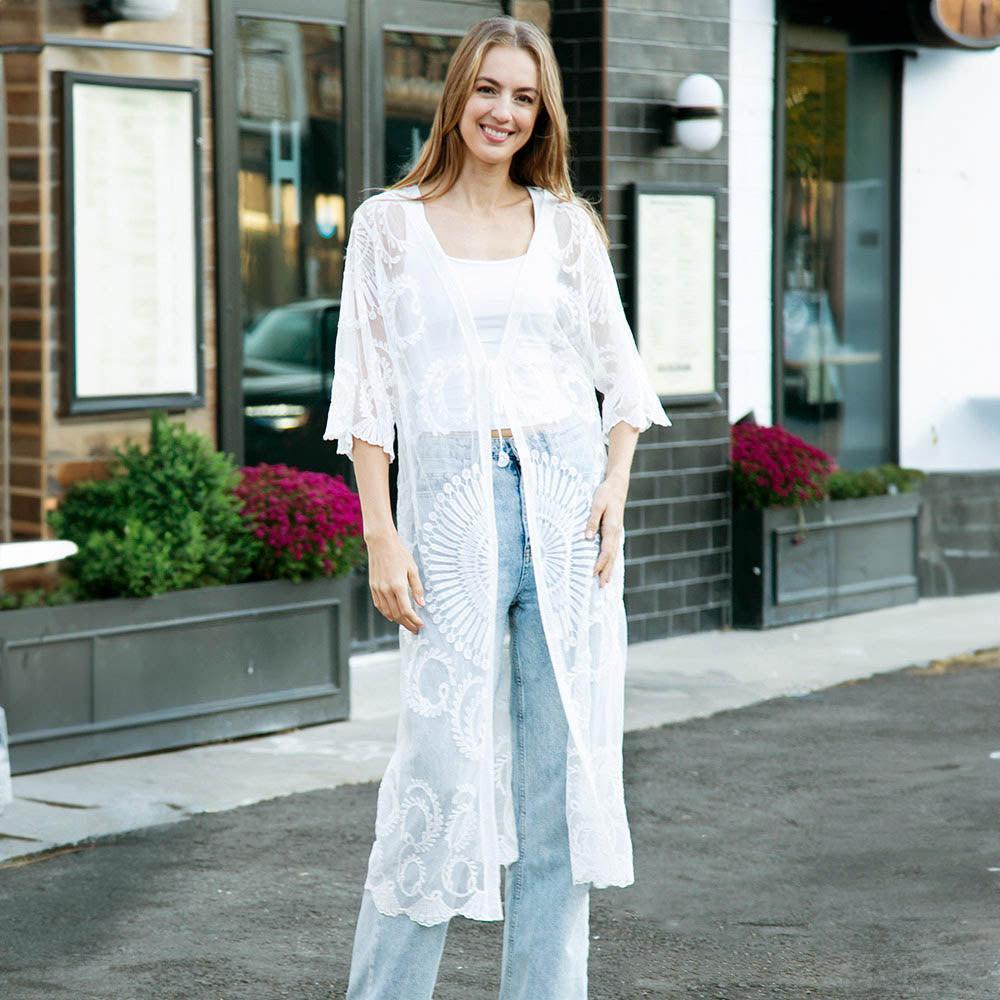White Tie-Knot Lace Cover Up Kimono Poncho - Jewelry Store by Erik Rayo