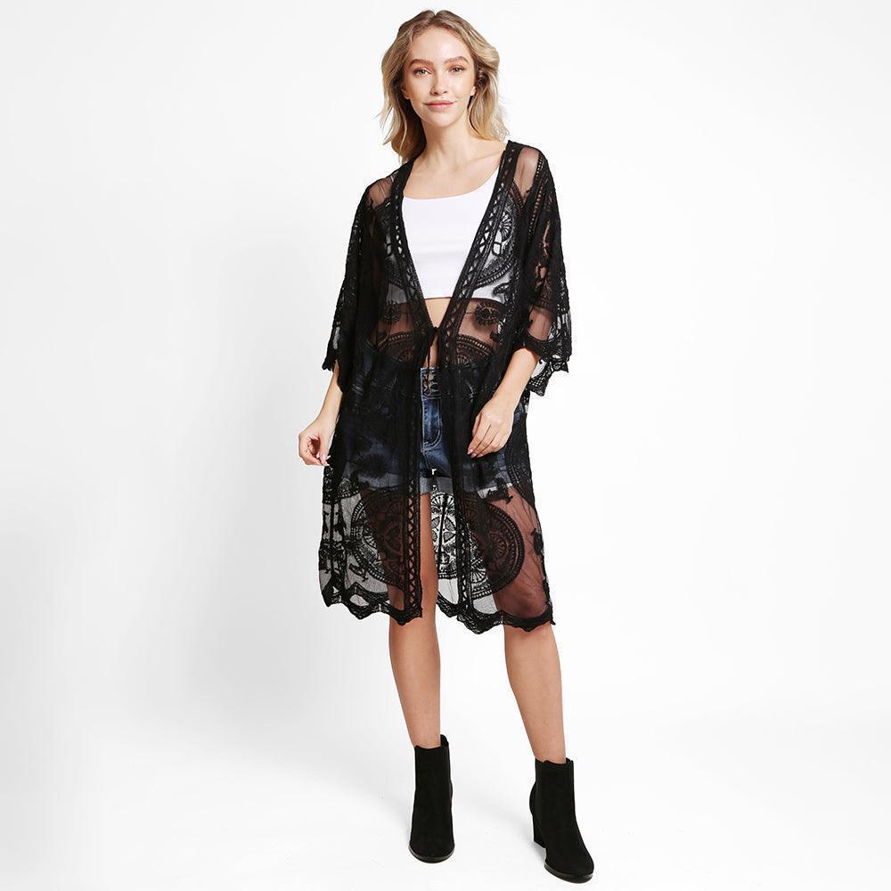Black Tie-Knot Lace Cover Up Kimono Poncho - Jewelry Store by Erik Rayo