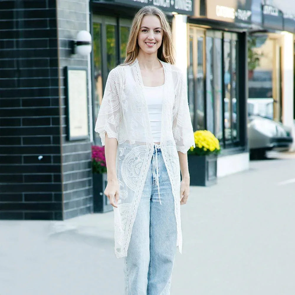 White Tie-Knot Lace Cover Up Kimono Poncho - Jewelry Store by Erik Rayo