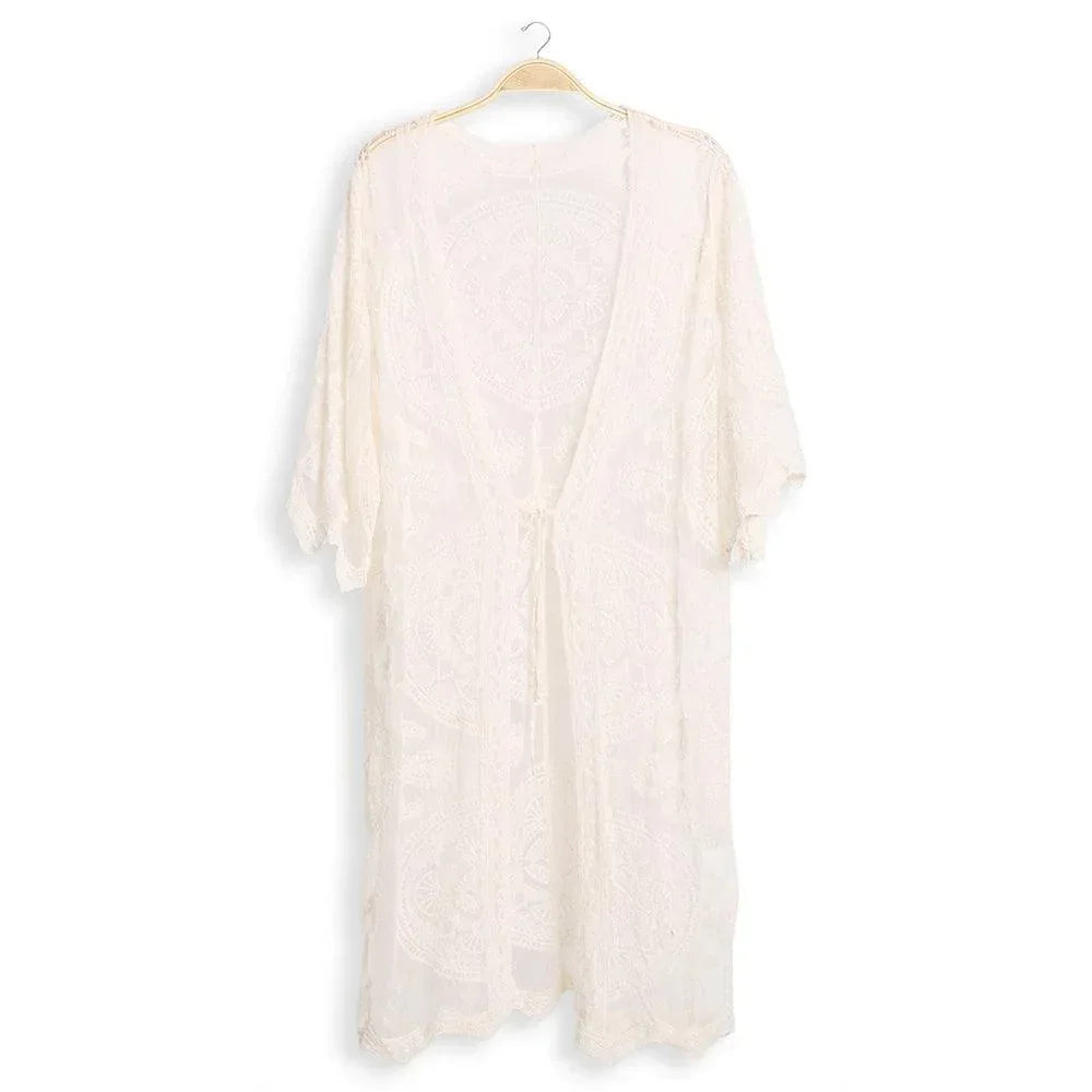 White Tie-Knot Lace Cover Up Kimono Poncho - Jewelry Store by Erik Rayo
