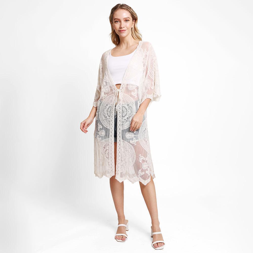 White Tie-Knot Lace Cover Up Kimono Poncho - Jewelry Store by Erik Rayo