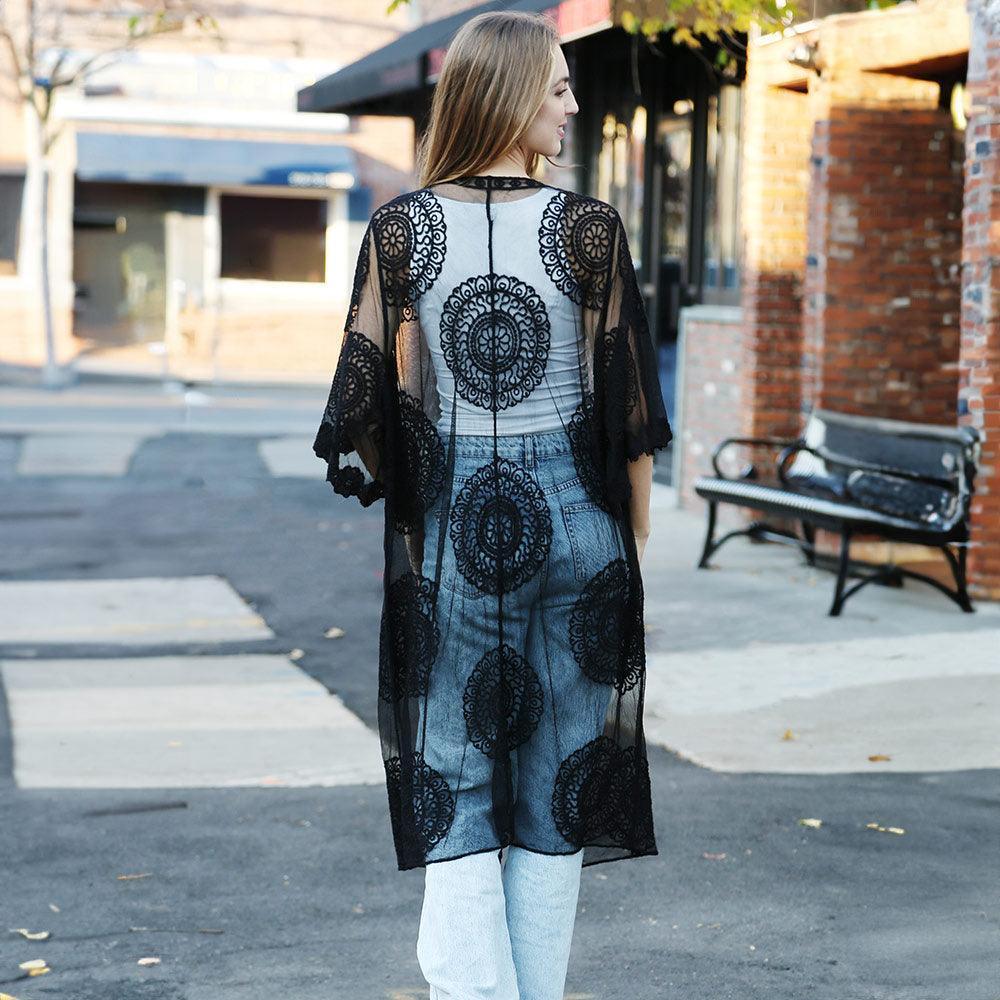 Black Tie-Knot Lace Cover Up Kimono Poncho - Jewelry Store by Erik Rayo