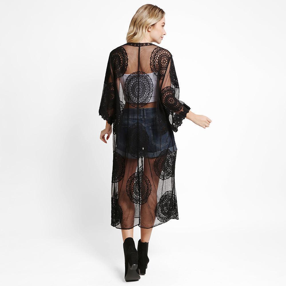 Black Tie-Knot Lace Cover Up Kimono Poncho - Jewelry Store by Erik Rayo
