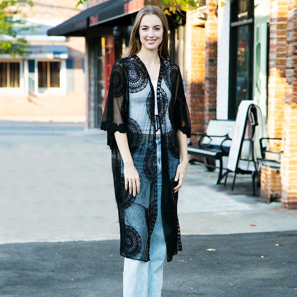 Black Tie-Knot Lace Cover Up Kimono Poncho - Jewelry Store by Erik Rayo