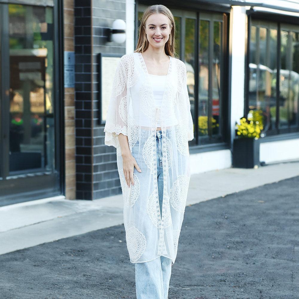 White Tie-Knot Lace Cover Up Kimono Poncho - Jewelry Store by Erik Rayo