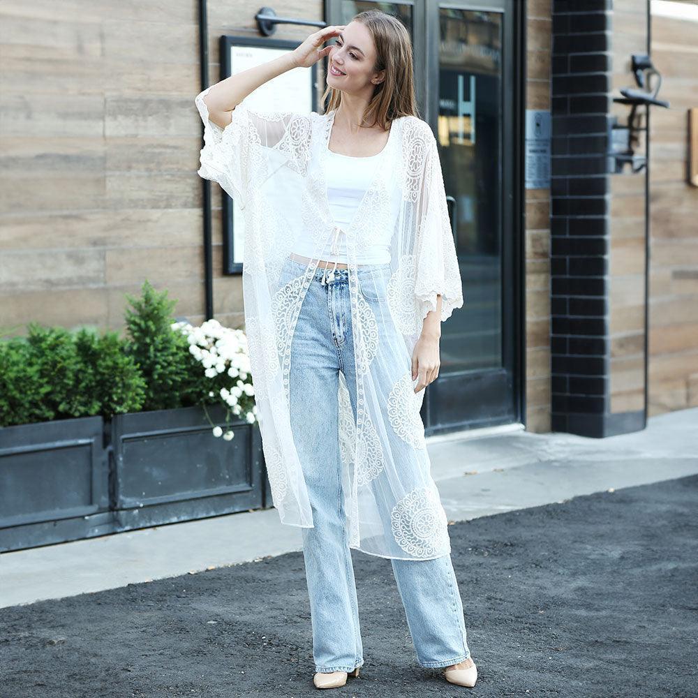 White Tie-Knot Lace Cover Up Kimono Poncho - Jewelry Store by Erik Rayo