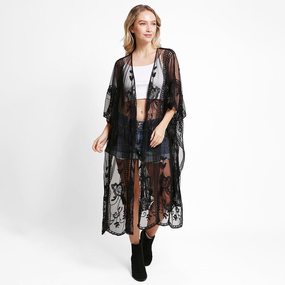 Black Floral Lace Cover Up Kimono Poncho - Jewelry Store by Erik Rayo