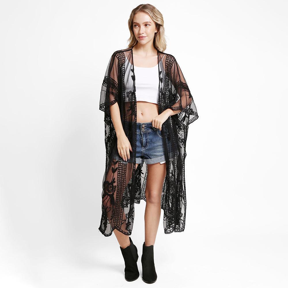 Black Floral Lace Cover Up Kimono Poncho - Jewelry Store by Erik Rayo