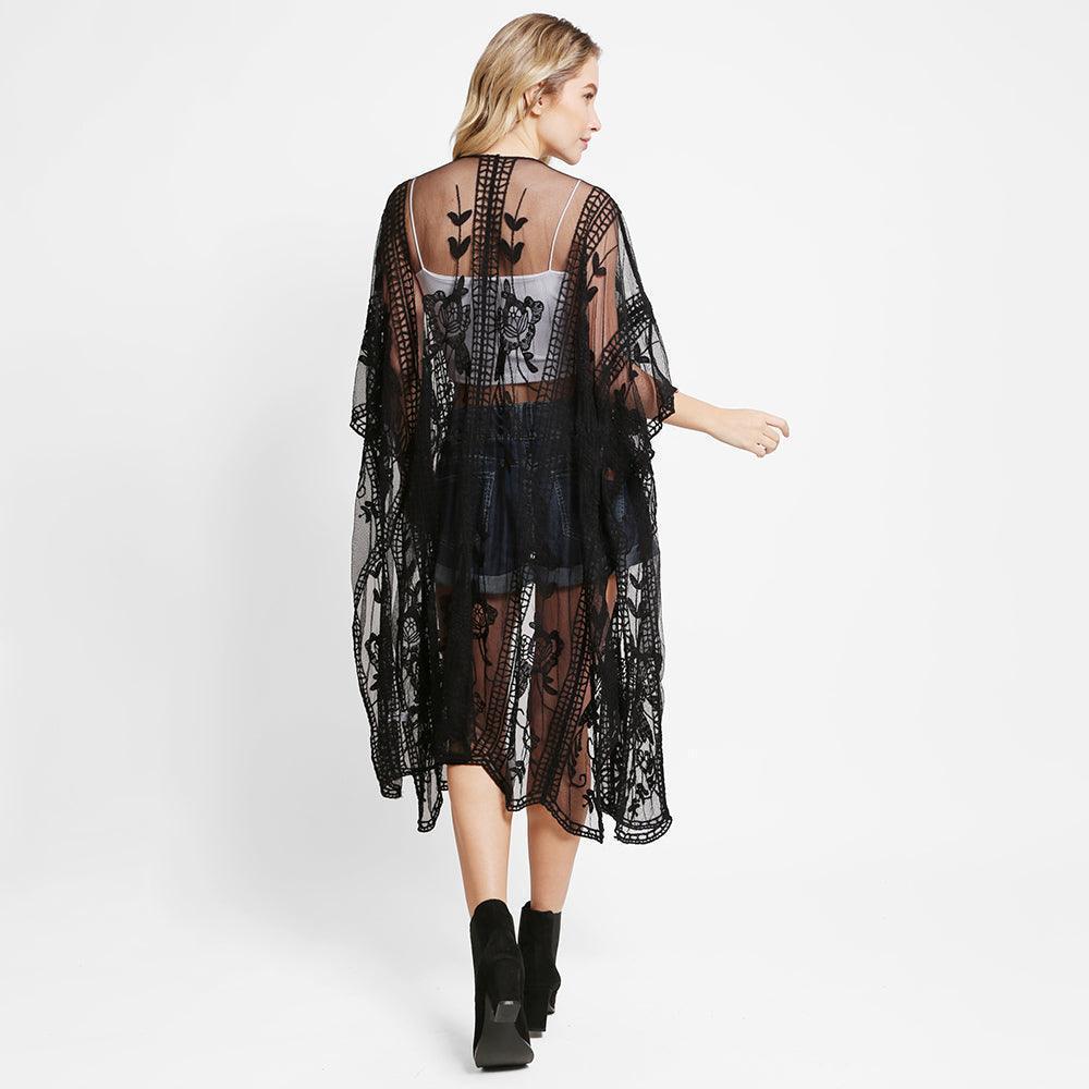 Black Floral Lace Cover Up Kimono Poncho - Jewelry Store by Erik Rayo