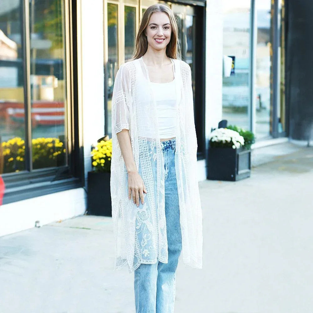 White Floral Lace Cover Up Kimono Poncho - Jewelry Store by Erik Rayo