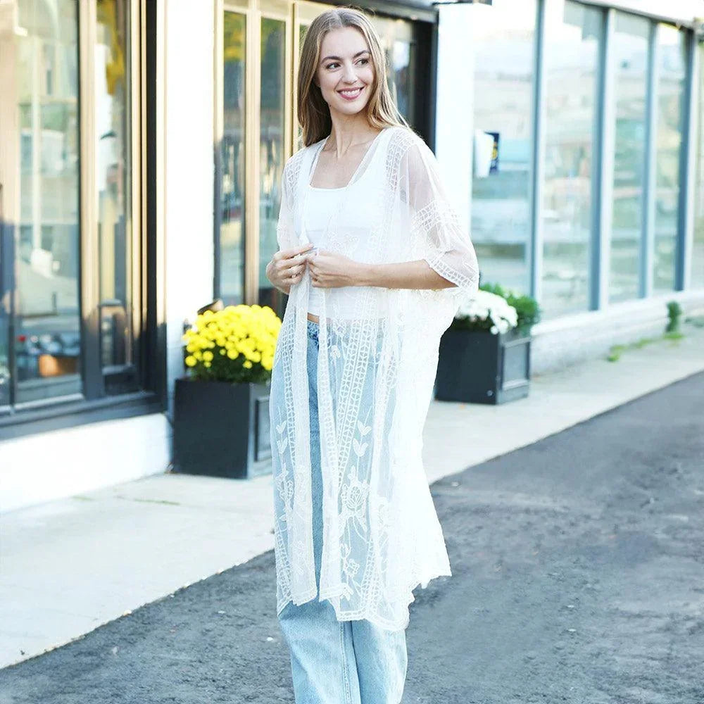 White Floral Lace Cover Up Kimono Poncho - Jewelry Store by Erik Rayo