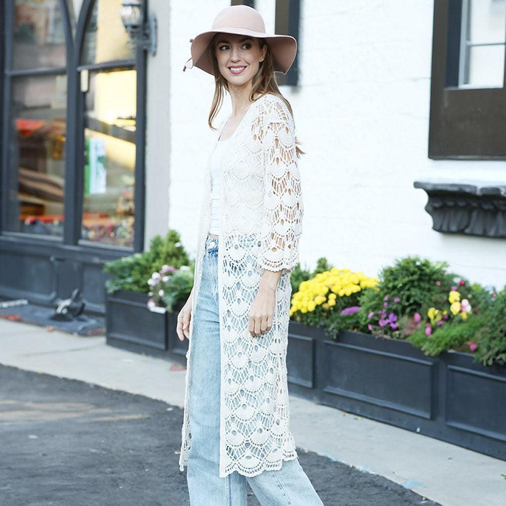 Ivory Solid Long Crochet Kimono Poncho - Jewelry Store by Erik Rayo