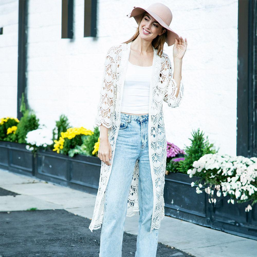Ivory Solid Long Crochet Kimono Poncho - Jewelry Store by Erik Rayo
