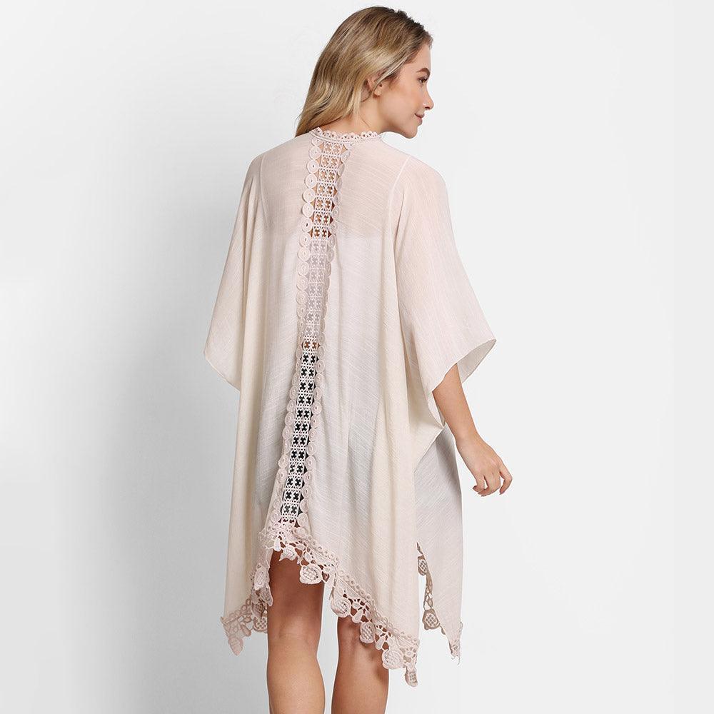 Beige Solid Cover Up With Fringe Kimono Poncho - Jewelry Store by Erik Rayo