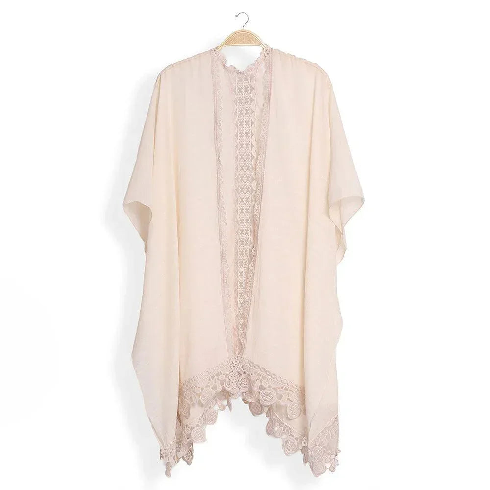 Beige Solid Cover Up With Fringe Kimono Poncho - Jewelry Store by Erik Rayo