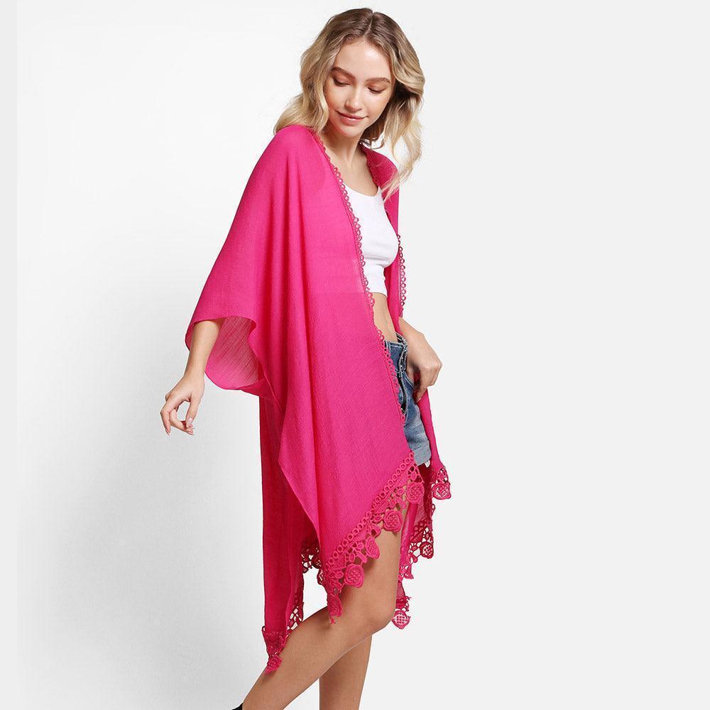 Fuchsia Solid Cover Up With Fringe Kimono Poncho - Jewelry Store by Erik Rayo