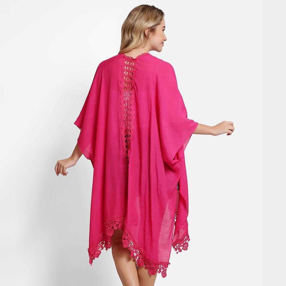 Fuchsia Solid Cover Up With Fringe Kimono Poncho - Jewelry Store by Erik Rayo