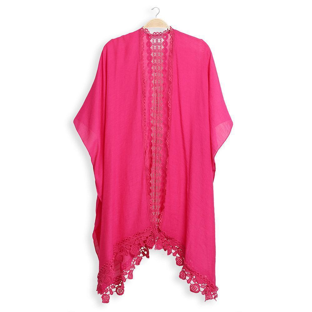 Fuchsia Solid Cover Up With Fringe Kimono Poncho - Jewelry Store by Erik Rayo