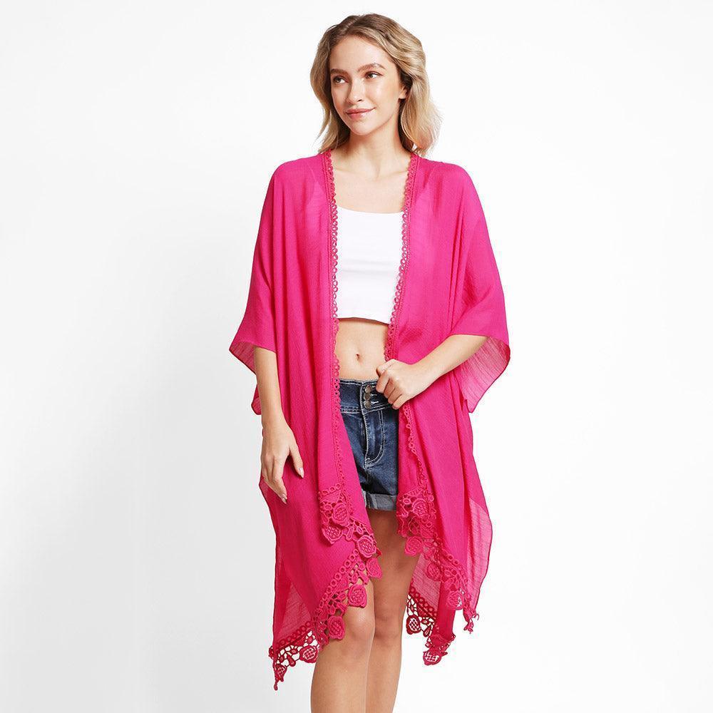 Fuchsia Solid Cover Up With Fringe Kimono Poncho - Jewelry Store by Erik Rayo