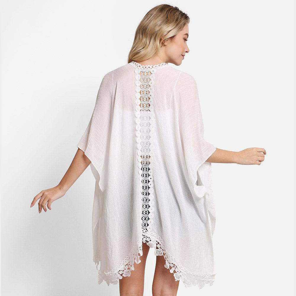 White Solid Cover Up With Fringe Kimono Poncho - Jewelry Store by Erik Rayo