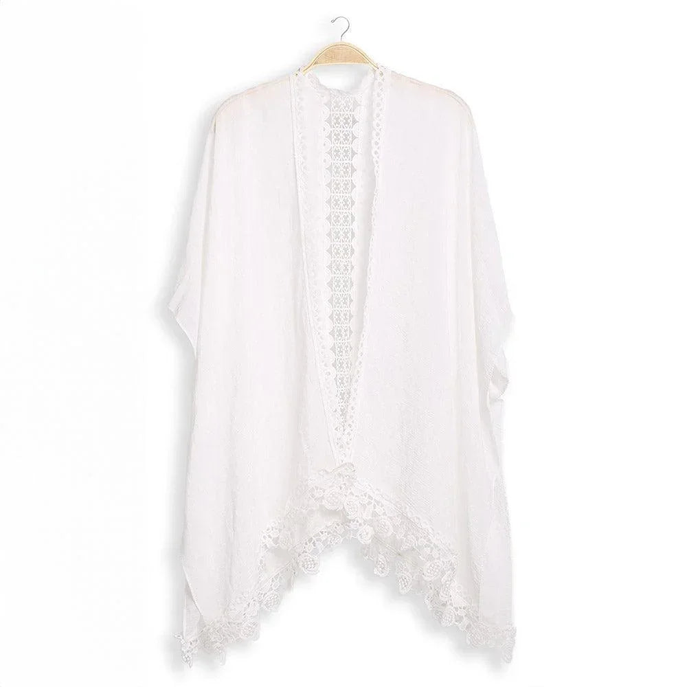 White Solid Cover Up With Fringe Kimono Poncho - Jewelry Store by Erik Rayo