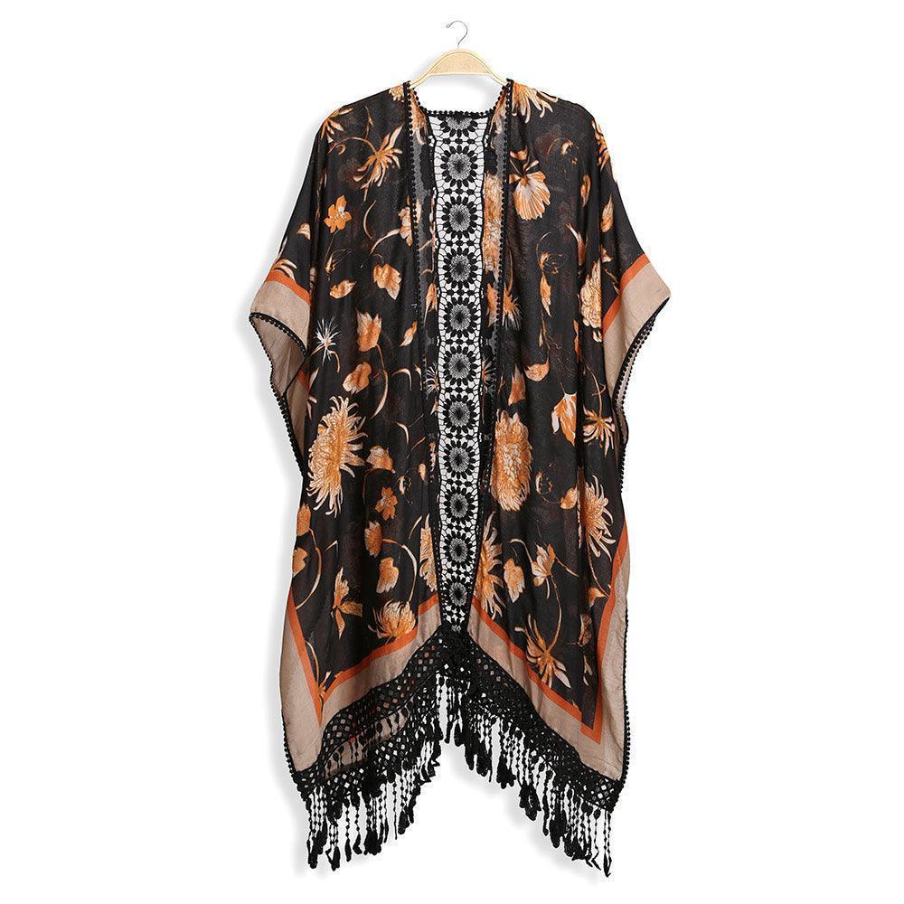 Black Floral Printed Cover Up Kimono Poncho With Tassels - Jewelry Store by Erik Rayo