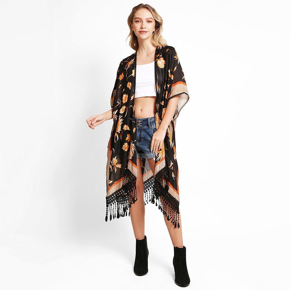 Black Floral Printed Cover Up Kimono Poncho With Tassels - Jewelry Store by Erik Rayo