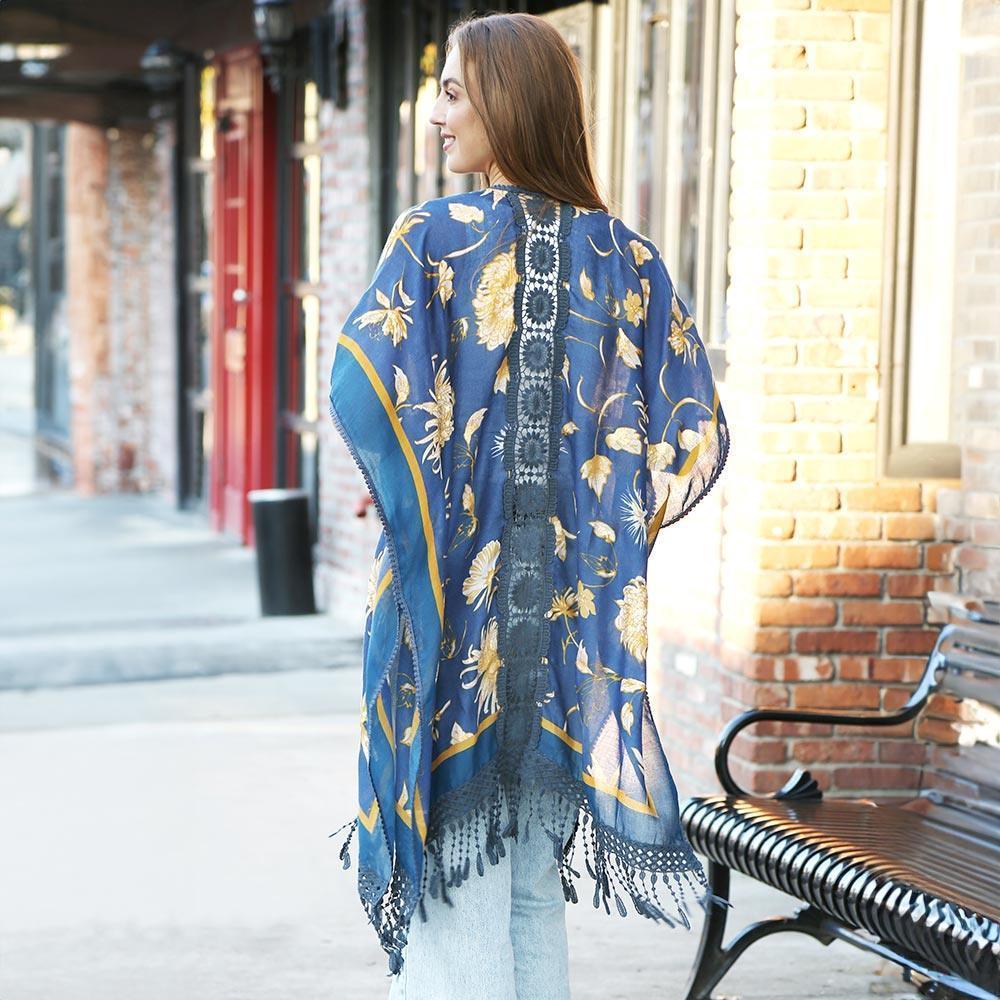 Blue Floral Printed Cover Up Kimono Poncho With Tassels - Jewelry Store by Erik Rayo