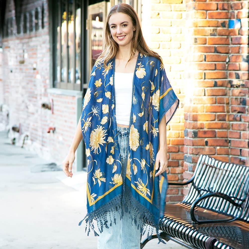 Blue Floral Printed Cover Up Kimono Poncho With Tassels - Jewelry Store by Erik Rayo