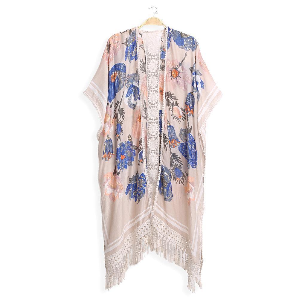 Beige Floral Printed Cover Up Kimono Poncho With Tassels - Jewelry Store by Erik Rayo