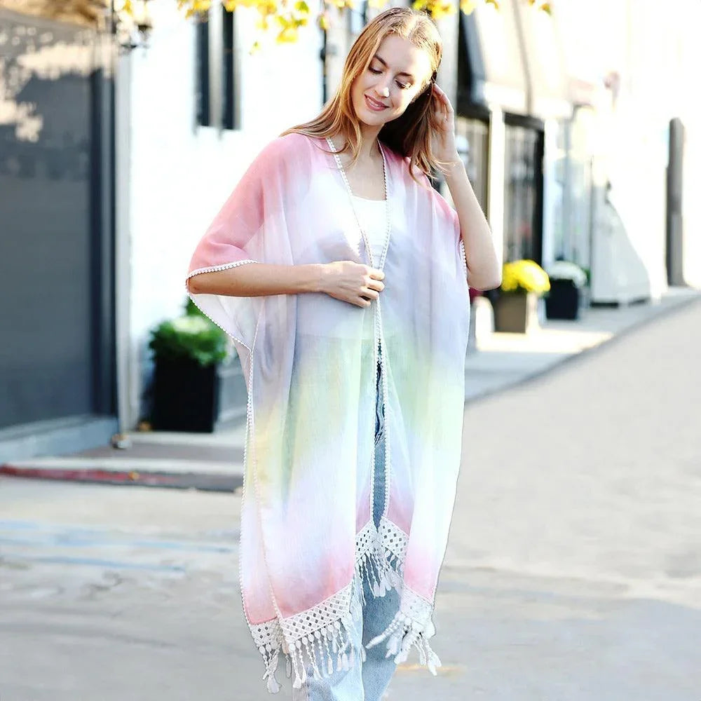 Tie-dye Cover Up Kimono Poncho With Tassels - Jewelry Store by Erik Rayo