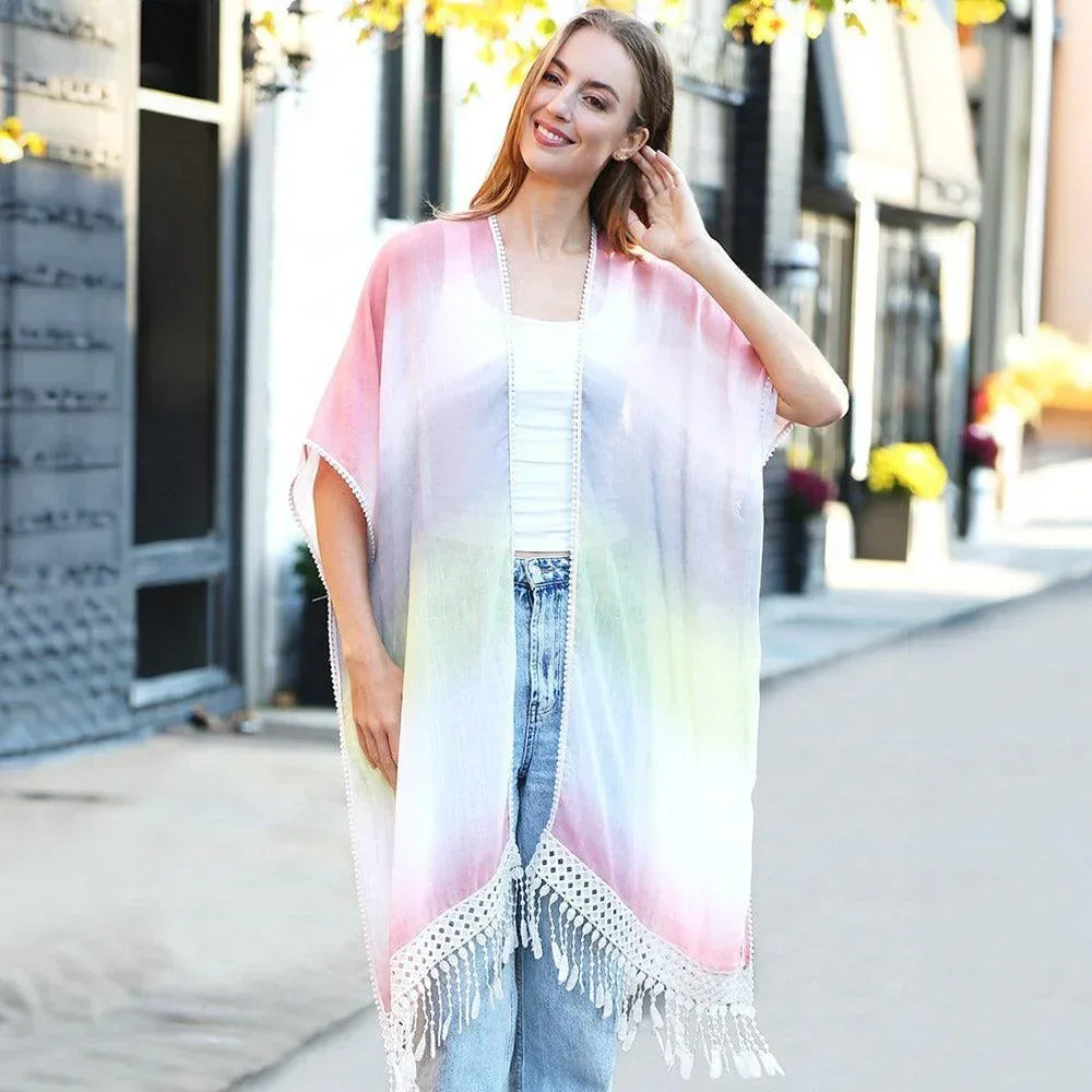 Tie-dye Cover Up Kimono Poncho With Tassels - Jewelry Store by Erik Rayo