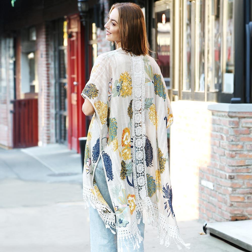 Beige Floral Printed Cover Up Kimono Poncho With Tassels - Jewelry Store by Erik Rayo