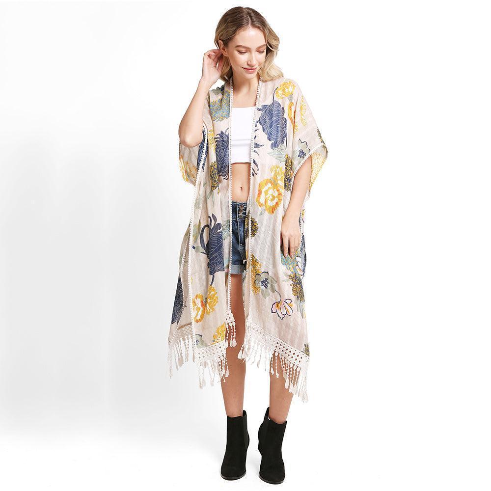 Beige Floral Printed Cover Up Kimono Poncho With Tassels - Jewelry Store by Erik Rayo
