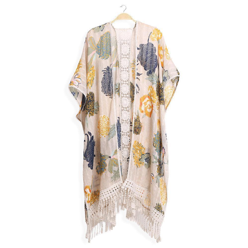 Beige Floral Printed Cover Up Kimono Poncho With Tassels - Jewelry Store by Erik Rayo