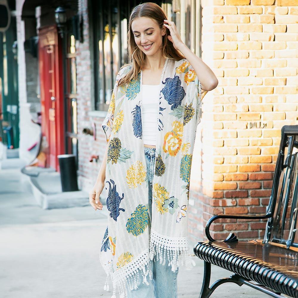 Beige Floral Printed Cover Up Kimono Poncho With Tassels - Jewelry Store by Erik Rayo