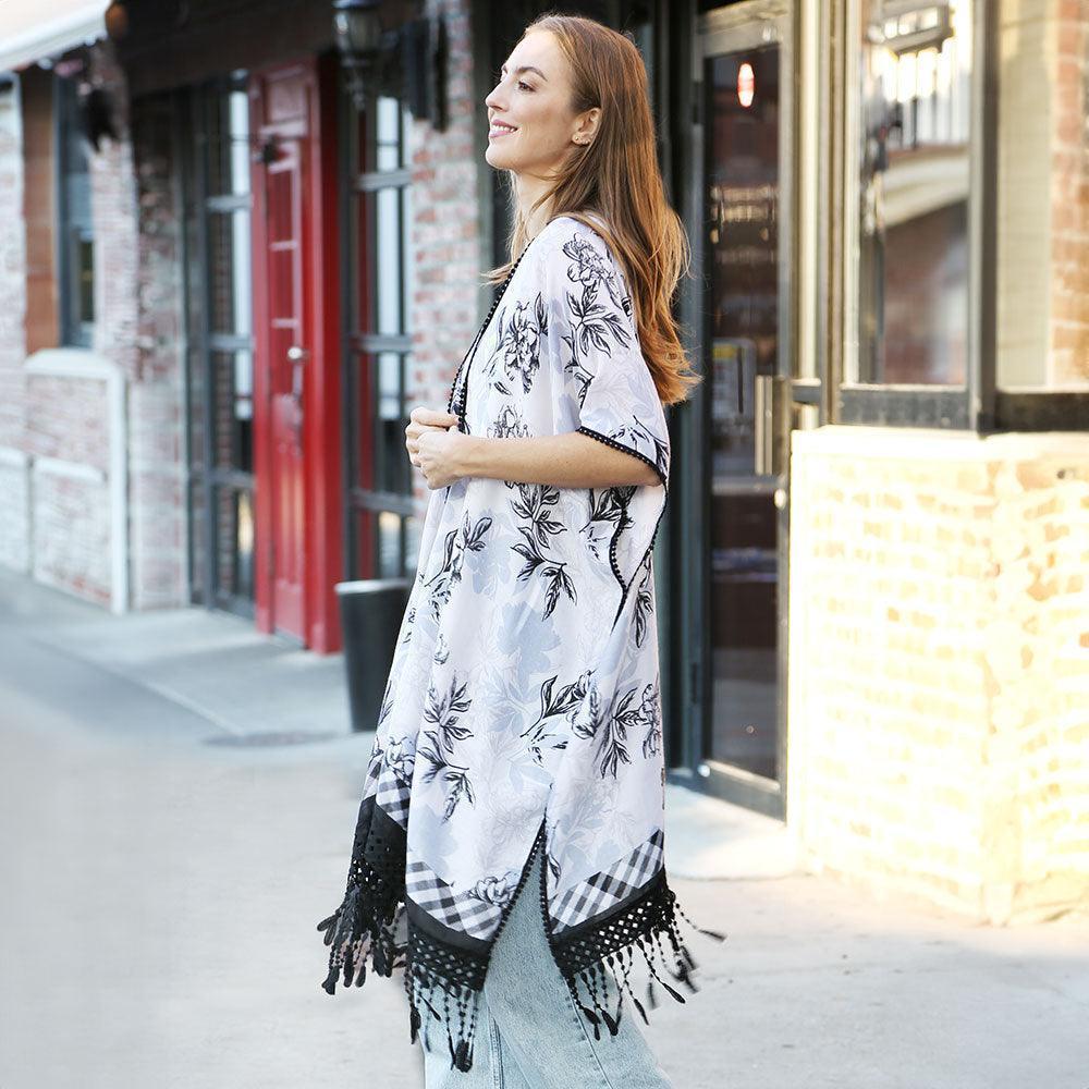 Black Floral Printed Cover Up Kimono Poncho With Tassels - Jewelry Store by Erik Rayo