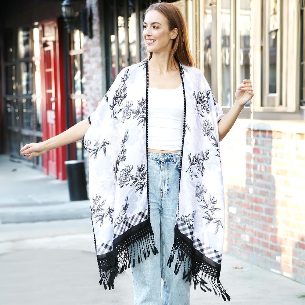 Black Floral Printed Cover Up Kimono Poncho With Tassels - Jewelry Store by Erik Rayo