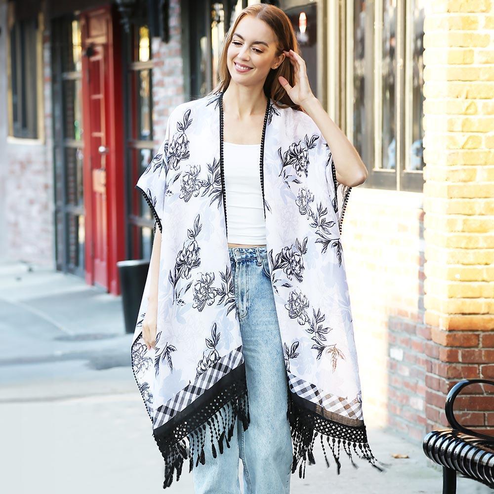 Black Floral Printed Cover Up Kimono Poncho With Tassels - Jewelry Store by Erik Rayo