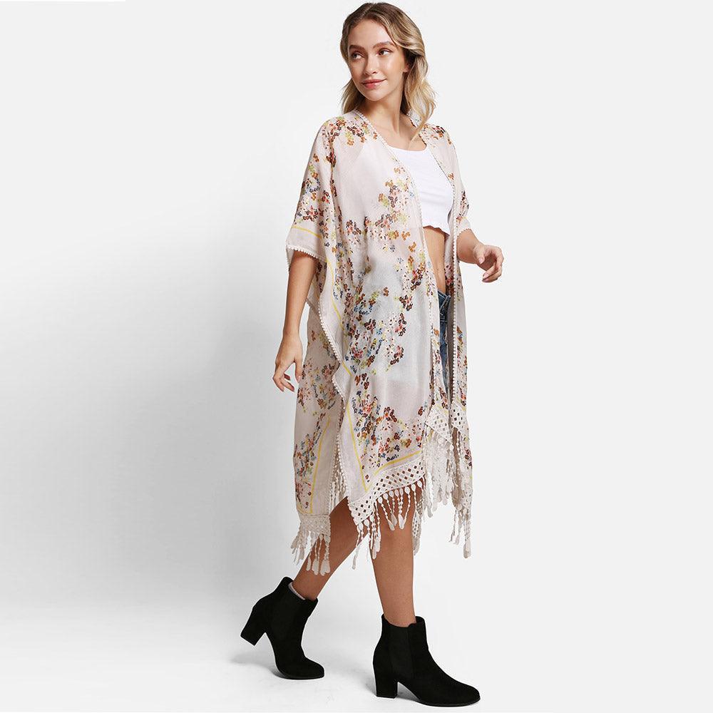 White Floral Printed Cover Up Kimono Poncho With Tassels - Jewelry Store by Erik Rayo