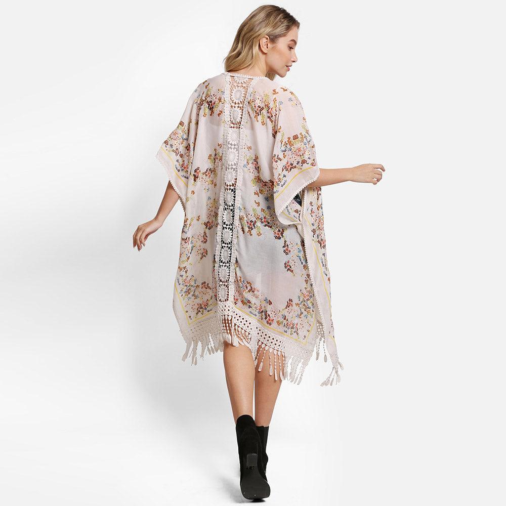 White Floral Printed Cover Up Kimono Poncho With Tassels - Jewelry Store by Erik Rayo