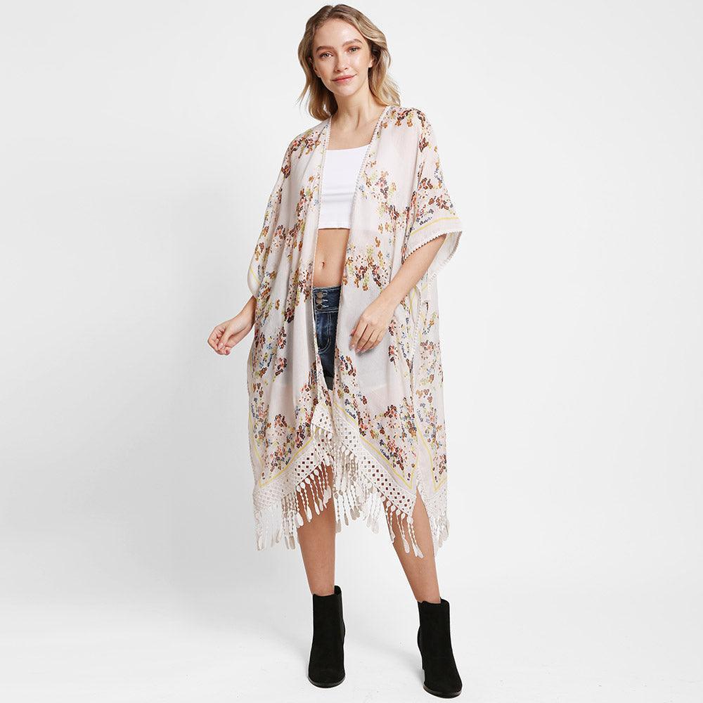 White Floral Printed Cover Up Kimono Poncho With Tassels - Jewelry Store by Erik Rayo
